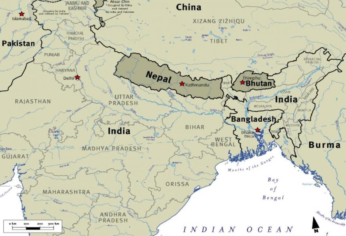 Karte von bhutan, nepal und tibet