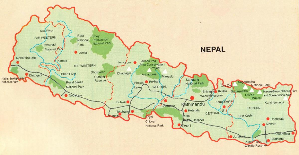 Karte von nepal mit den touristischen Orten