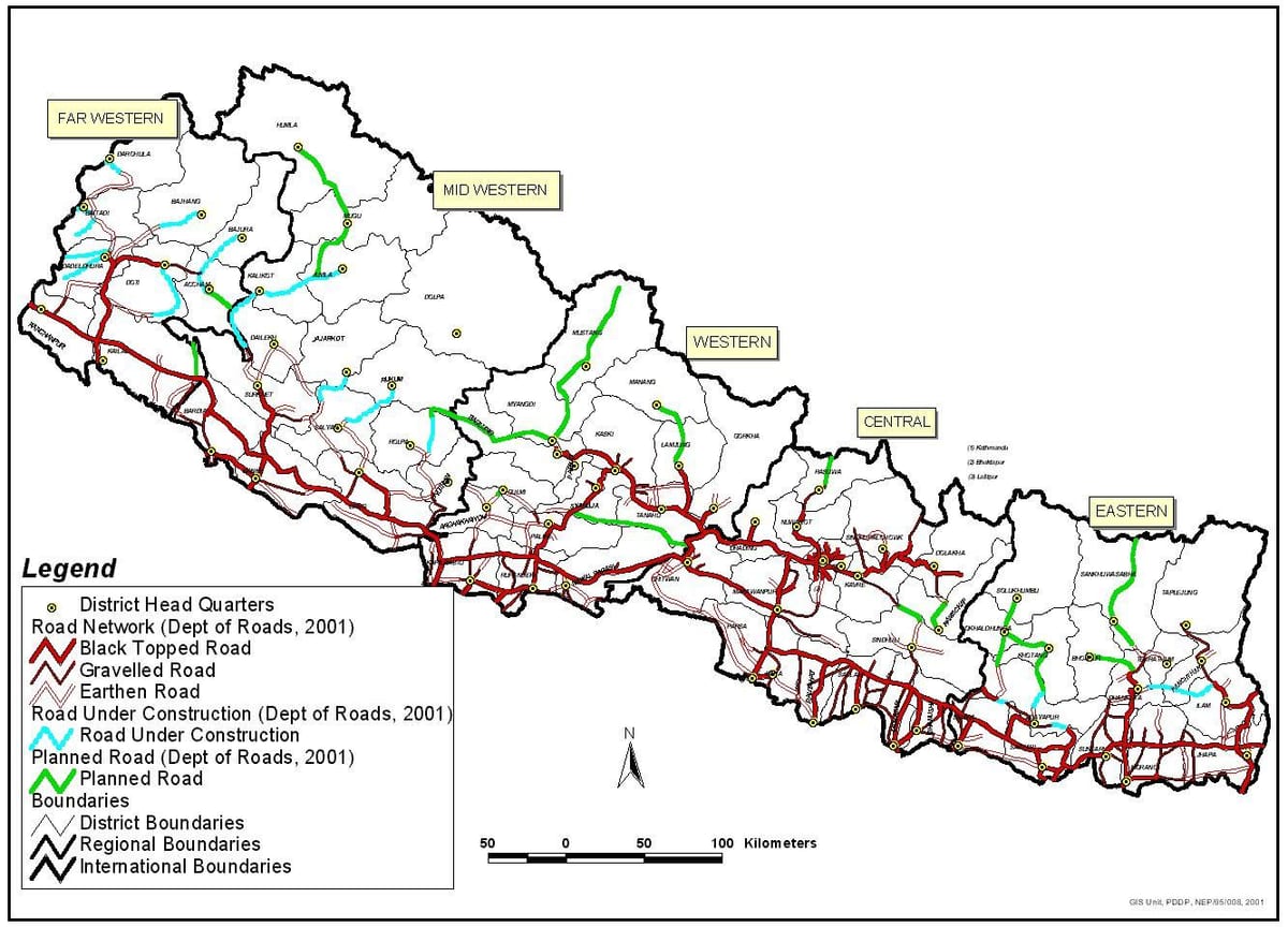 Karte von road nepal mit Bezirken