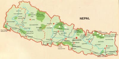 Karte von nepal mit den touristischen Orten